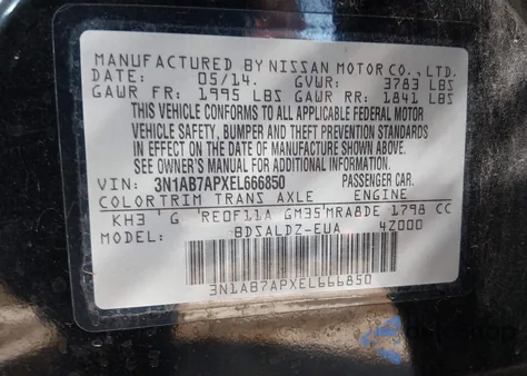 2014 Nissan Sentra Fe+ S/Fe+ Sv/S/Sl/Sr/Sv z USA, uszkodzony, nr VIN 3N1AB7APXEL666850